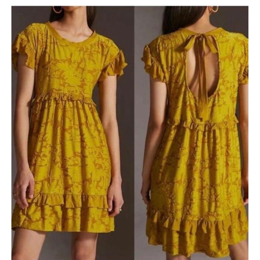 Anthropologie Mustard Yellow Lace‎ Mini Dress XS Ruffle Romantic Boho